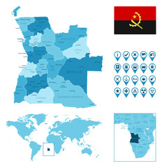 Angola detailed administrative blue map with country flag and location on the world map.