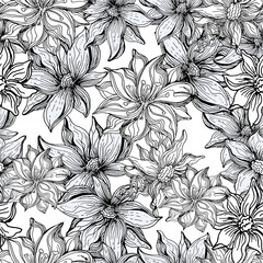 Palm leaves. Flowers. Seamless vector pattern of tropical flowers and leaves. Trendy vector image. Coloring. Antistress.