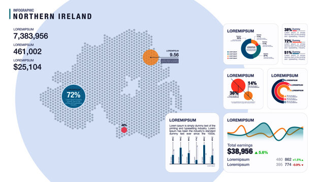 Detail Infographic Vector Illustration. Map Of Northern Ireland And Infographic Elements - Bar And Line Charts, Percents, Pie Charts. Dashboard Theme.