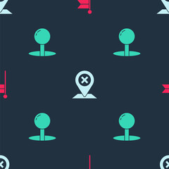 Set Location marker, and Push pin on seamless pattern. Vector