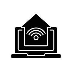 Home control by laptop glyph icon. Smart house. Thin line customizable illustration. Contour symbol. Vector isolated outline drawing.
