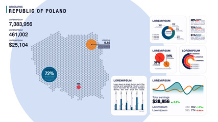 Detail infographic vector illustration. Map of Poland and Infographic elements - bar and line charts, percents, pie charts. Dashboard theme.
