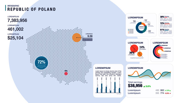 Fototapeta Detail infographic vector illustration. Map of Poland and Infographic elements - bar and line charts, percents, pie charts. Dashboard theme.