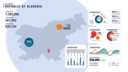 Detail infographic vector illustration. Map of Slovenia and Infographic elements - bar and line charts, percents, pie charts. Dashboard theme.