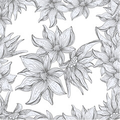 Palm leaves. Flowers. Seamless vector pattern of tropical flowers and leaves. Trendy vector image. Coloring. Antistress.