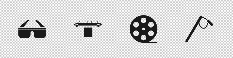 Set 3D cinema glasses, Limousine car and carpet, Film reel and Microphone icon. Vector