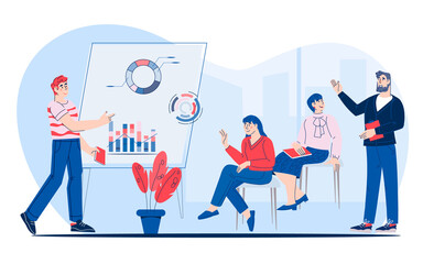Business seminar or corporate training with company employees listening to the presenter, flat vector illustration. Motivational training conference, training to improve qualifications of employees.