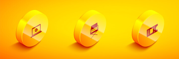 Set Isometric Online play video, Director movie chair and Cinema ticket icon. Vector