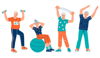 Elderly active people cartoon characters doing sports, flat vector illustration isolated on white background. Active seniors men and women doing sport workout. © Anastasia