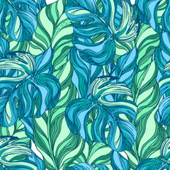 Palm. Tropical plant leaves. Tropical plants seamless pattern.Trendy colorful palm leaf, jungle background and exotic plants. 