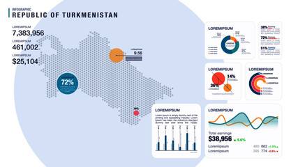 Detail infographic vector illustration. Map of Turkmenistan and Infographic elements - bar and line charts, percents, pie charts. Dashboard theme.