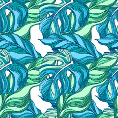 Palm. Tropical plant leaves. Tropical plants seamless pattern.Trendy colorful palm leaf, jungle background and exotic plants. 