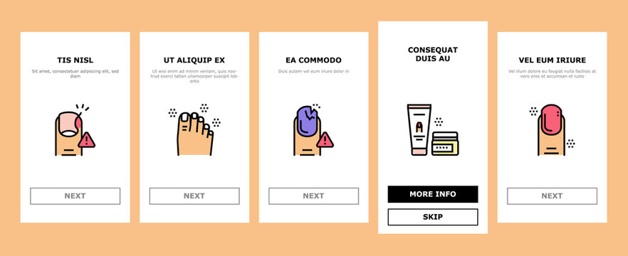 Manicure And Pedicure Onboarding Mobile App Page Screen Vector. Nail Polish And Scissors, Tweezers And Cream, Cuticle Nipper And Uv Lamp Manicure Equipment Illustrations
