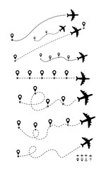 Airplane line path travel line icon set. Vector