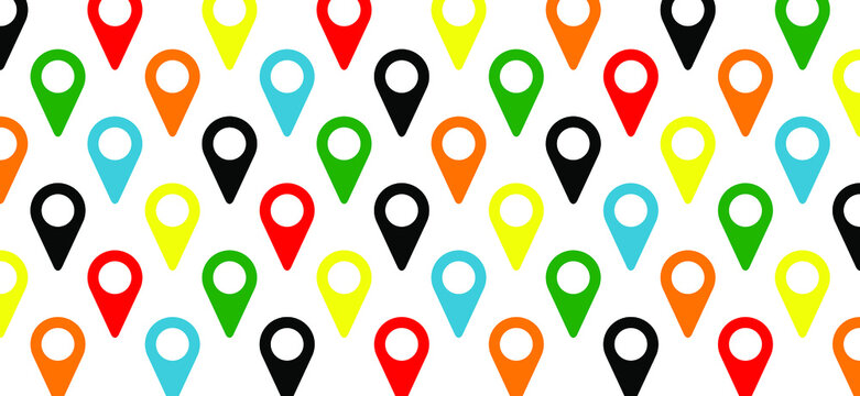 Location pins isolated on a white background. Pin symbol for web and internet app. Location pointers route sign. Flat vector map pins marker icon. Colour red, cyaan, blue, yellow, green and black.