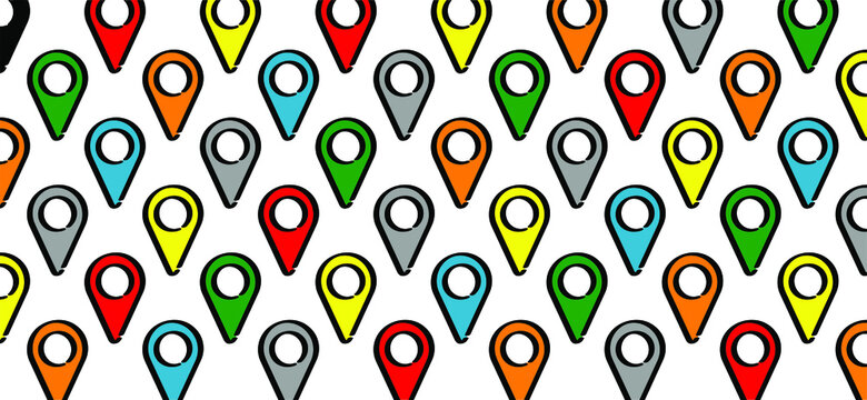 Location pins isolated on a white background. Pin symbol for web and internet app. Location pointers route sign. Flat vector map pins marker icon. Colour red, cyaan, blue, yellow, green and black.