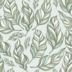 Palm. Tropical plant leaves. Tropical plants seamless pattern. Trendy colorful palm leaf, jungle background and exotic plants. 