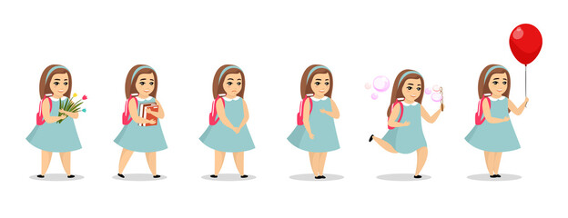 Schoolgirl kid character in different poses. Cute cartoon girl set. Smiling female schoolchild with schoolbag. Pupil stand and hold textbooks, blows bubbles, back to school with flower and balloon