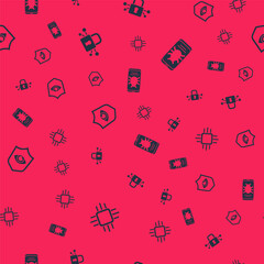 Set Processor with microcircuits CPU, Cyber security, Shield and eye and System bug on mobile on seamless pattern. Vector