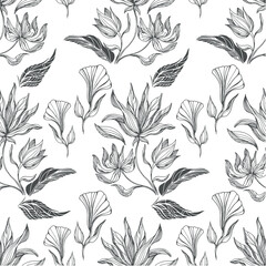 Palm leaves. Flowers. Seamless vector pattern of tropical flowers and leaves. Trendy vector image. Coloring. Antistress.