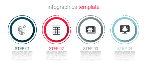 Set Fingerprint, Password protection, Browser incognito window and System bug. Business infographic template. Vector