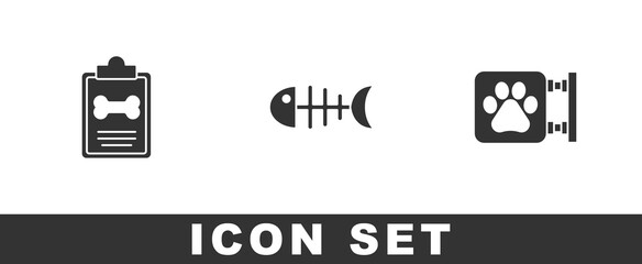 Set Clinical record pet, Fish skeleton and Veterinary clinic icon. Vector