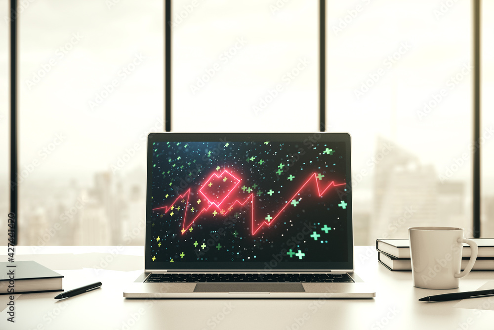 Poster modern computer monitor with creative abstract heart rate hologram. healthcare technolody concept. 3