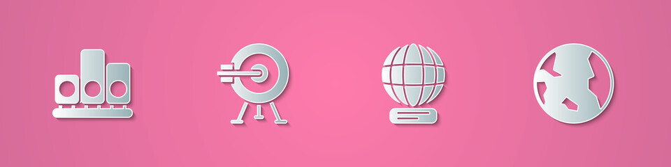 Set paper cut Ranking star, Target with arrow, Worldwide and Earth globe icon. Paper art style. Vector
