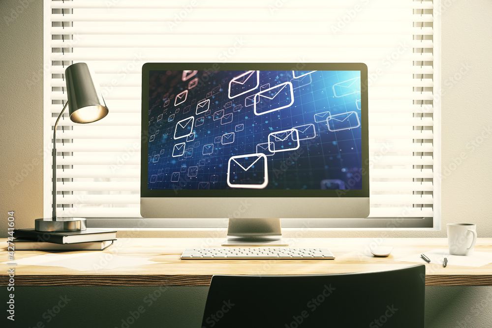 Poster modern computer monitor with postal envelopes hologram. electronic mail and spam concept. 3d renderi