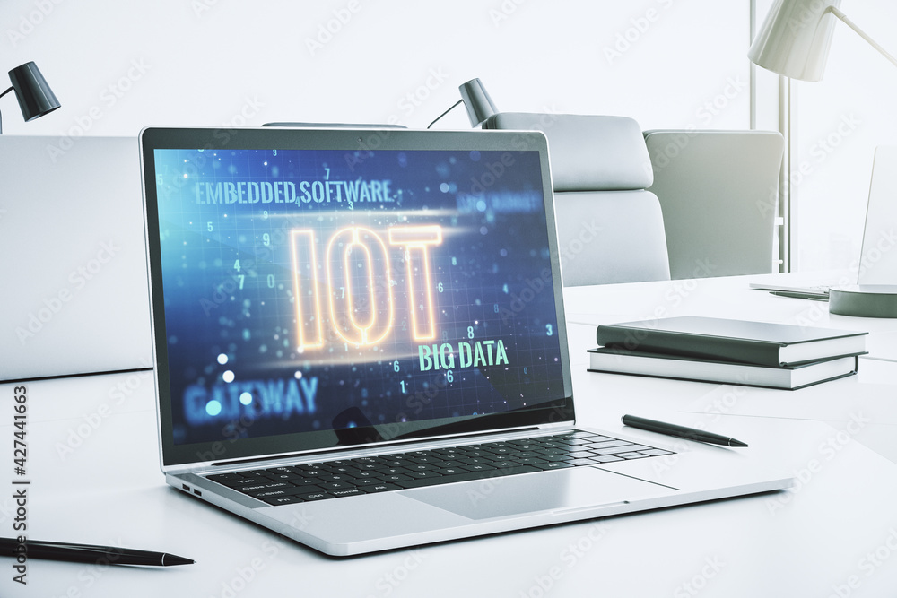 Aufkleber Creative IOT illustration on modern computer monitor, future technology concept. 3D Rendering