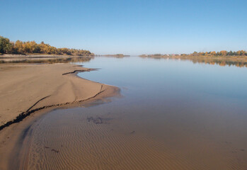 View of the autumnal bank of the Irtysh River in the Omsk Region.