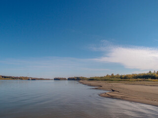 View of the autumnal bank of the Irtysh River in the Omsk Region.