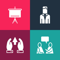 Set pop art Two sitting men talking, Growth chart and progress, Worker and Chalkboard icon. Vector