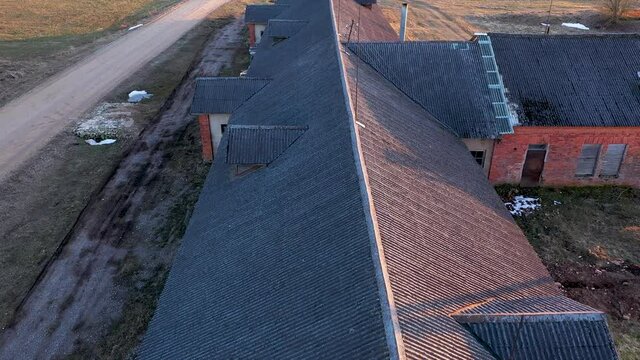 Slate Roof of Old Countryside Warehouse Building with Lightning Rod, Aerial View