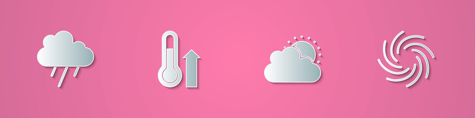 Set paper cut Cloud with rain, Meteorology thermometer, Sun and cloud weather and Tornado icon. Paper art style. Vector