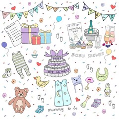 Baby shower doodle vector illustration with gifts and toys. Perfect for party invitation, card.