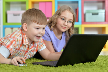 brother and sister using laptop at home