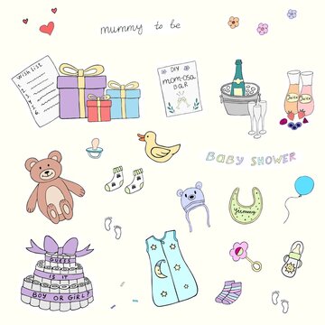 Baby shower vector sticker set. Doodle design.