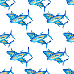 Tuna fish seamless pattern. Bright blue fish on a white background. Watercolor realistic illustration. For printing on fabric, wallpaper, packaging, cafe, restaurant menu design.