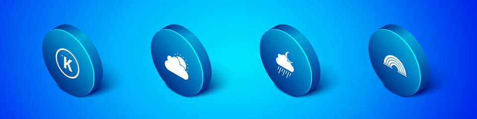 Set Isometric Kelvin, Cloud with rain and moon, Rainbow and Sun cloud weather icon. Vector