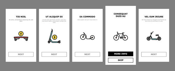 Personal Transport Onboarding Mobile App Page Screen Vector. Scooter And Bicycle, Motorbike And Bike, Electric Monowheel And Hoverboard Transport Illustrations © vectorwin