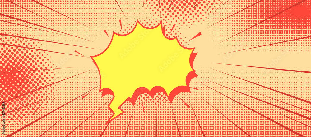 Poster Clear empty boom comic text speech bubble Pop Art Style. Empty wow balloon. Message cloud blue background sticker. Vector illustration conversation, dialog. Colored space back.