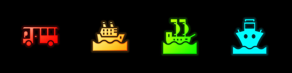 Set Bus, Cruise ship, Sailboat and Cargo icon. Vector