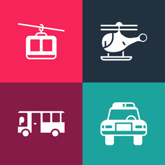 Set pop art Police car and flasher, Bus, Helicopter and Cable icon. Vector