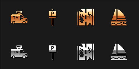 Set TV News car, Parking, Broken road and Yacht sailboat icon. Vector