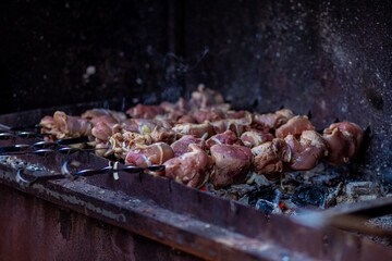 Grilled meat on skewers. Fresh shish kebab on skewers is fried on the grill. Cooking.