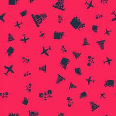 Set Bicycle, Cargo ship, Plane and Delivery cargo truck on seamless pattern. Vector