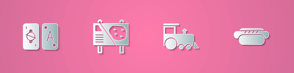 Set paper cut Tarot cards, Amusement park billboard, Toy train and Hotdog icon. Paper art style. Vector