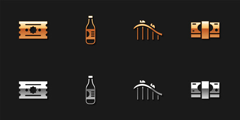 Set Ticket, Bottle of water, Roller coaster and Stacks paper money cash icon. Vector