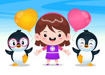 Cute Girl And Penguins Illustration